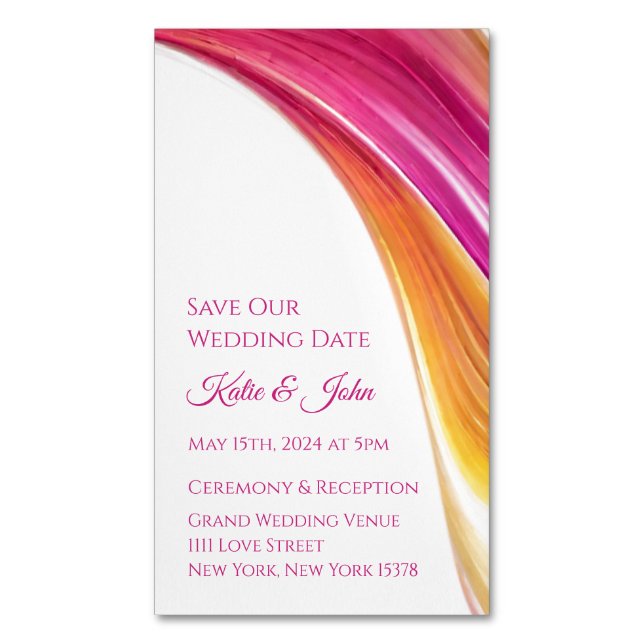 Wedding Save our Date- Modern-Pink Orange Yellow- Magnetic Business Card (Front Vertical)