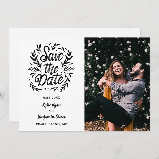 Wedding Save the Date 2 Photo Botanical Typography Invitation (Front/Back)