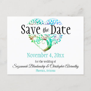 Wedding Save The Date Aqua Blue Tree Heart Custom Announcement Postcard