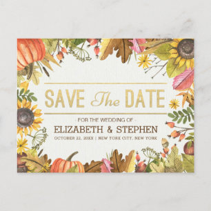 Wedding Save The Date Autumn Fall Leaves Pumpkin Announcement Postcard