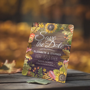 Wedding Save The Date Autumn Leaves Pumpkins Wood