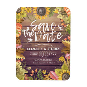 Wedding Save The Date Autumn Leaves Pumpkins Wood Magnet