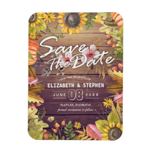 Wedding Save The Date Autumn Leaves Pumpkins Wood Magnet