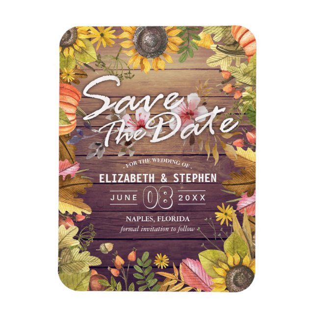 Wedding Save The Date Autumn Leaves Pumpkins Wood Magnet (Vertical)