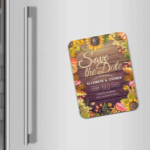 Wedding Save The Date Autumn Leaves Pumpkins Wood Magnet
