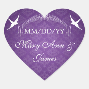 Wedding Save The Date Birds & Diamonds Purple Heart Sticker
