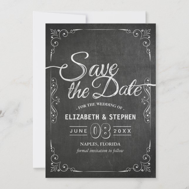 Wedding Save The Date Black Gold Script Chalkboard (Front)