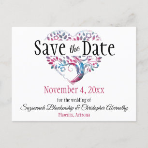 Wedding Save The Date Burgundy Teal Tree Heart An Announcement Postcard