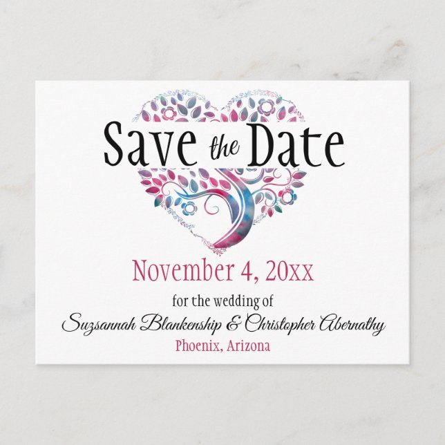 Wedding Save The Date Burgundy Teal Tree Heart  An Announcement Postcard (Front)