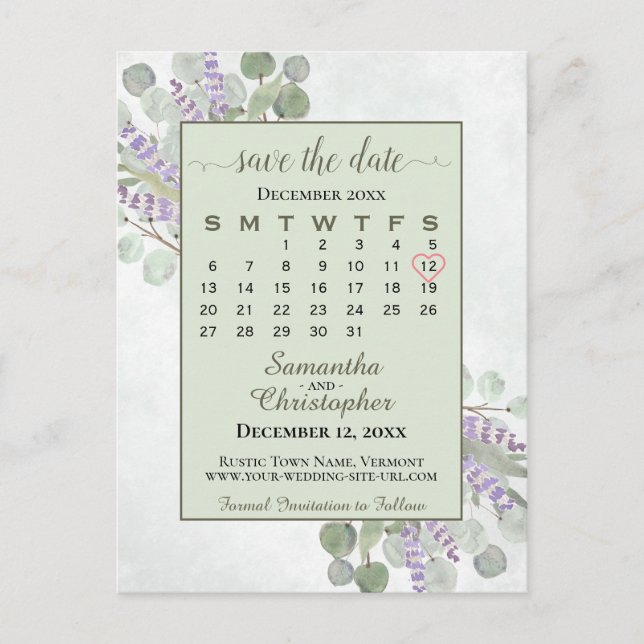 Wedding Save the Date Calendar Eucalyptus Green Announcement Postcard (Front)