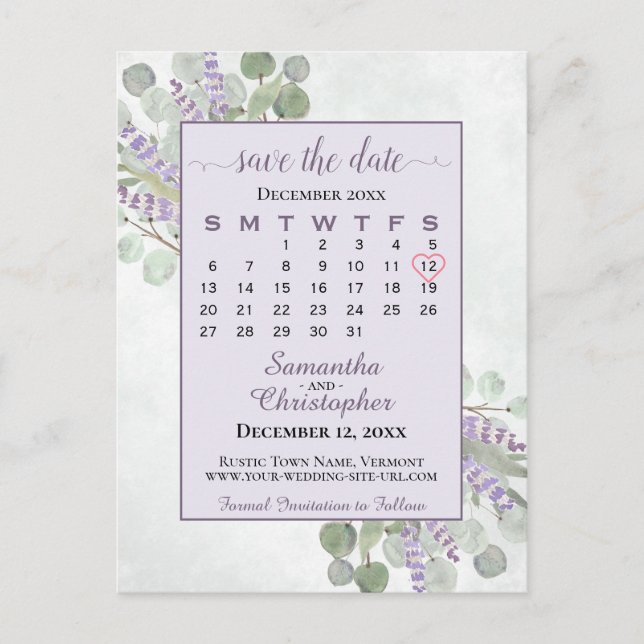 Wedding Save the Date Calendar Eucalyptus Purple Announcement Postcard (Front)