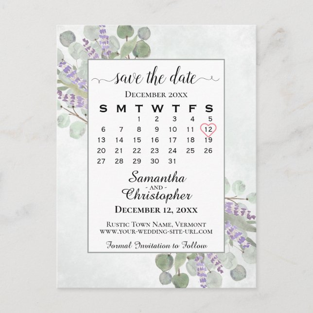 Wedding Save the Date Calendar Eucalyptus White Announcement Postcard (Front)