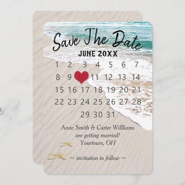 Wedding Save the Date Calendar on Ocean Seashore Invitation (Front/Back)