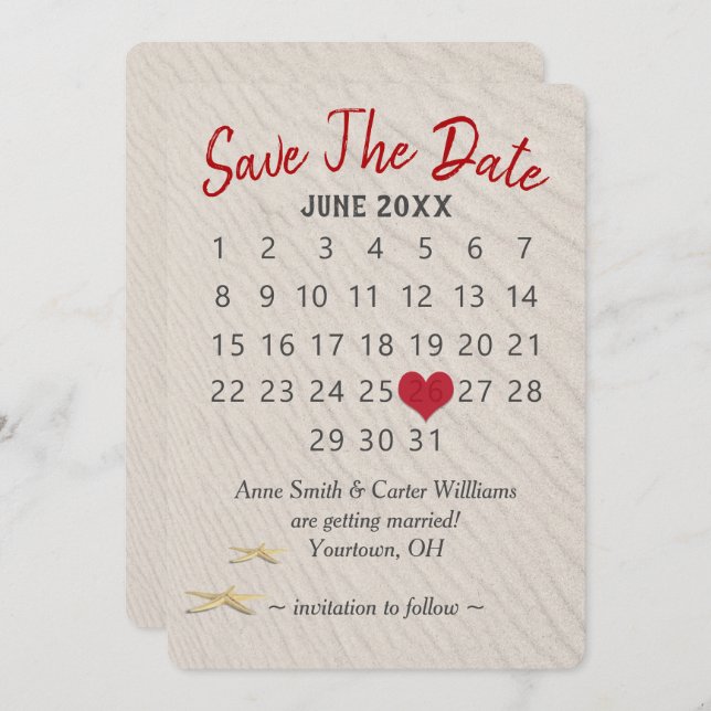 Wedding Save the Date Calendar on Sand Invitation (Front/Back)