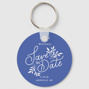Wedding Save the Date Calligraphy Botanical Blue Key Ring