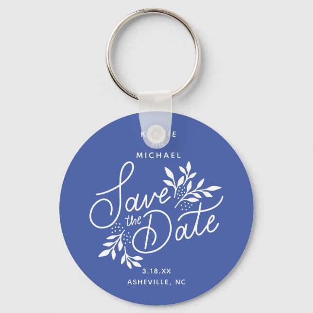 Wedding Save the Date Calligraphy Botanical Blue Key Ring (Front)