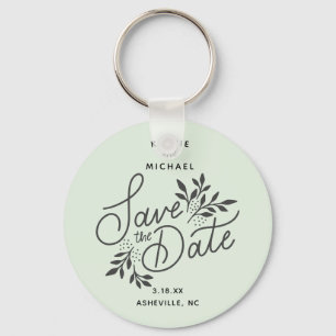 Wedding Save the Date Calligraphy Botanical Mint Key Ring