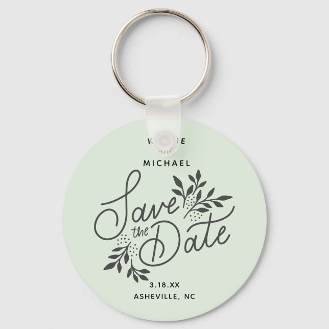 Wedding Save the Date Calligraphy Botanical Mint Key Ring (Front)