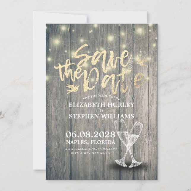 Wedding Save The Date Champagne Glasses Wood Light (Front)
