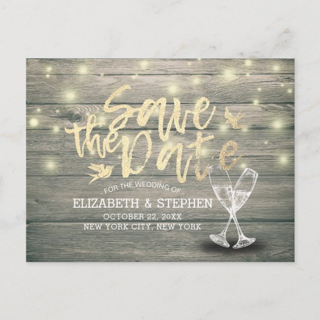 Wedding Save The Date Champagne Glasses Wood Light Announcement Postcard (Front)