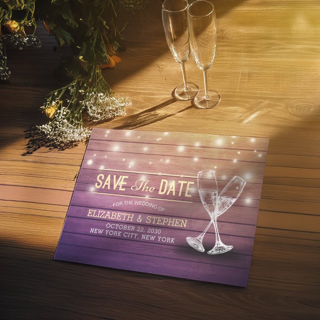 Wedding Save The Date Champagne Glasses Wood Light Announcement Postcard (Creator Uploaded)