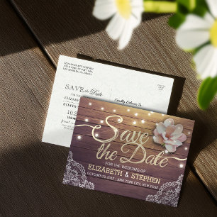 Wedding Save The Date Chic Floral Lights Wood Lace Announcement Postcard