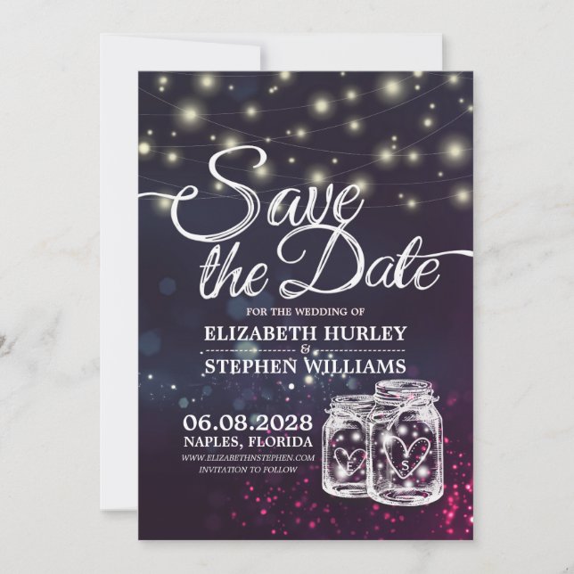 Wedding Save The Date Chic Mason Jar Purple Lights (Front)