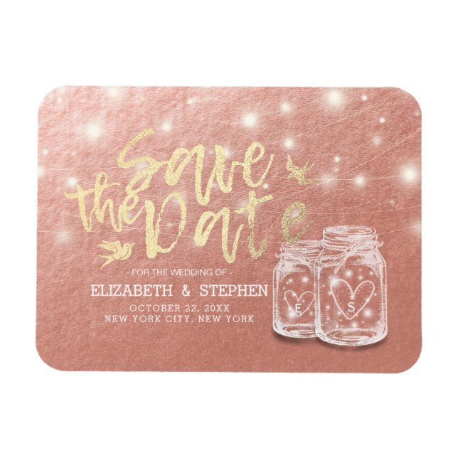 Wedding Save The Date Couple Mason Jars Rose Gold Magnet (Horizontal)