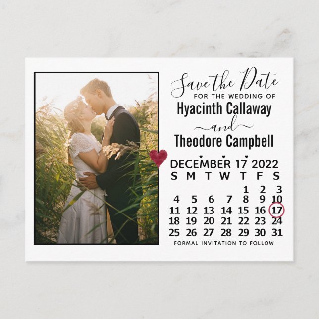 Wedding Save the Date December 2022 Calendar Photo Invitation Postcard (Front)