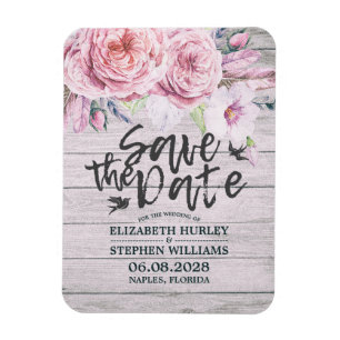 Wedding Save The Date Elegant Floral Rustic Wood Magnet