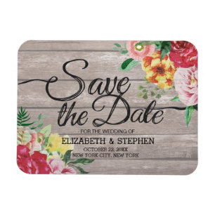 Wedding Save The Date Elegant Flowers Rustic Wood Magnet