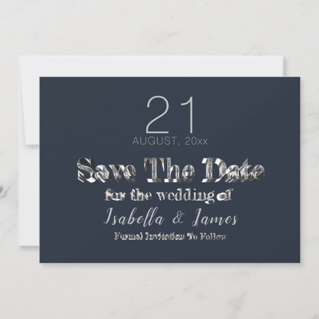 Wedding Save The Date Elegant Navy Blue Silver (Front)
