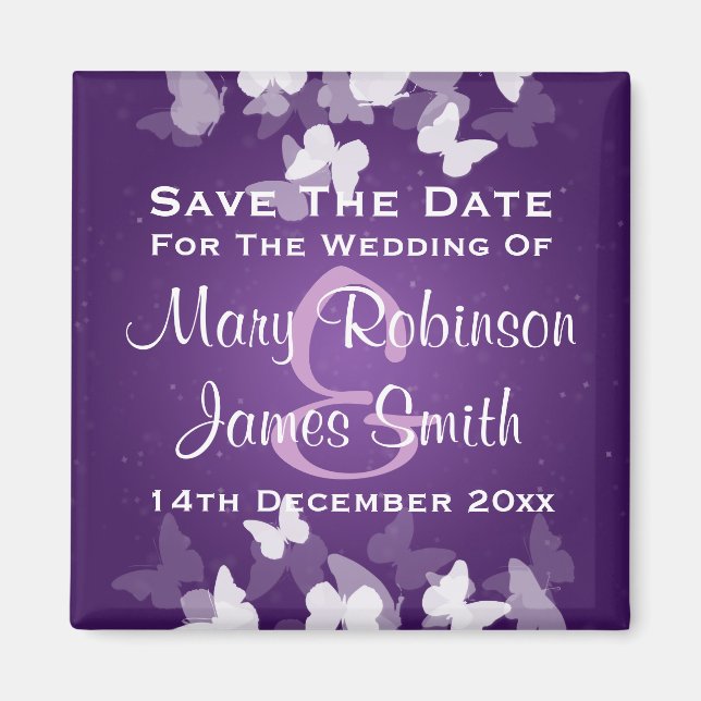 Wedding Save The Date Elusive Butterflies Purple Magnet (Front)