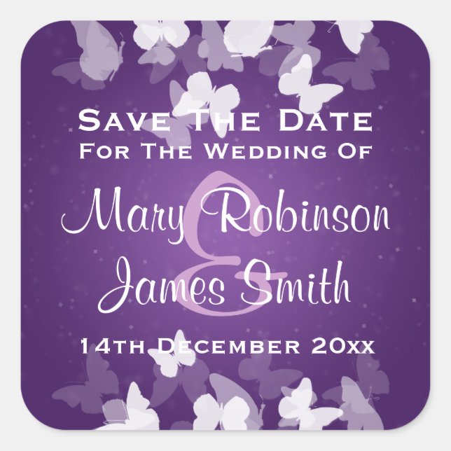 Wedding Save The Date Elusive Butterflies Purple Square Sticker (Front)
