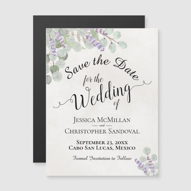 Wedding Save the Date Eucalyptus & Lavender White Magnetic Invitation (Front/Back)