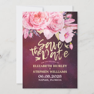 Wedding Save The Date Floral Feathers Burgundy Red