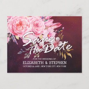Wedding Save The Date Floral Feathers Burgundy Red Announcement Postcard