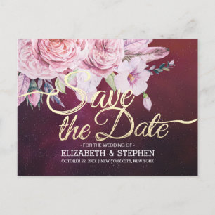 Wedding Save The Date Floral Feathers Burgundy Red Announcement Postcard