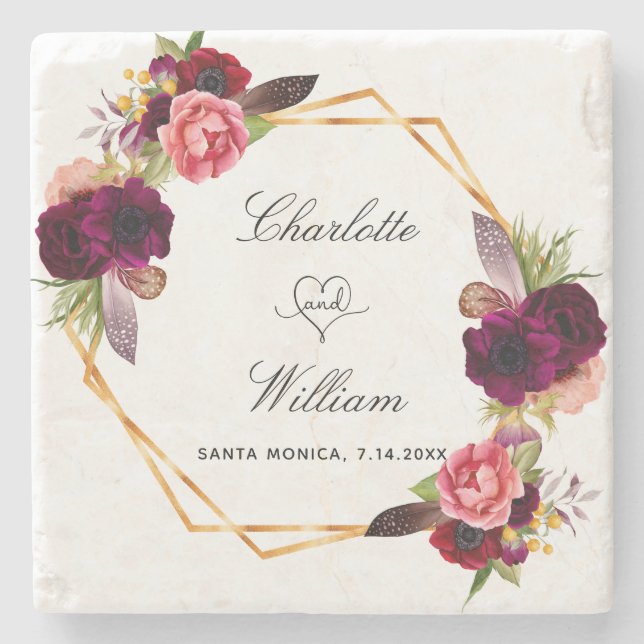 Wedding save the date floral geometric burgundy stone coaster (Front)