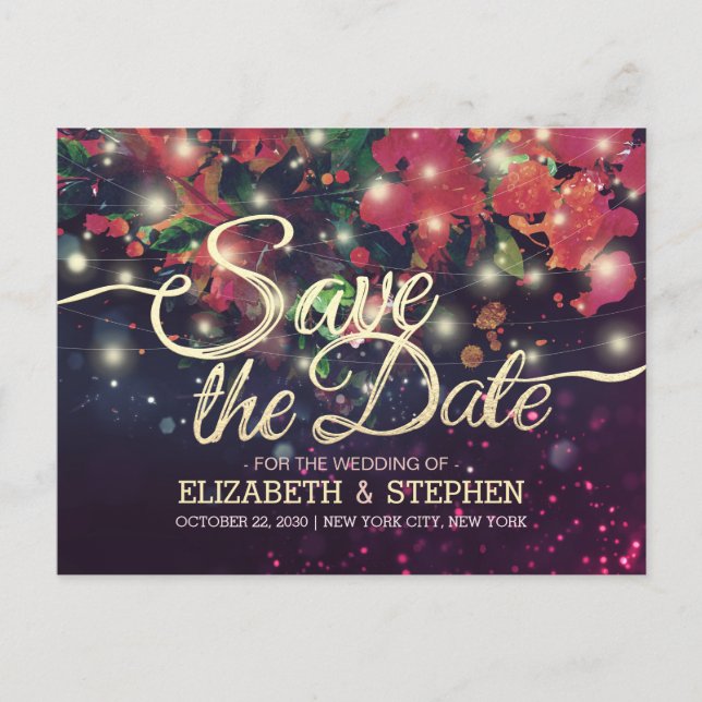Wedding Save The Date Floral Purple String Lights Announcement Postcard (Front)