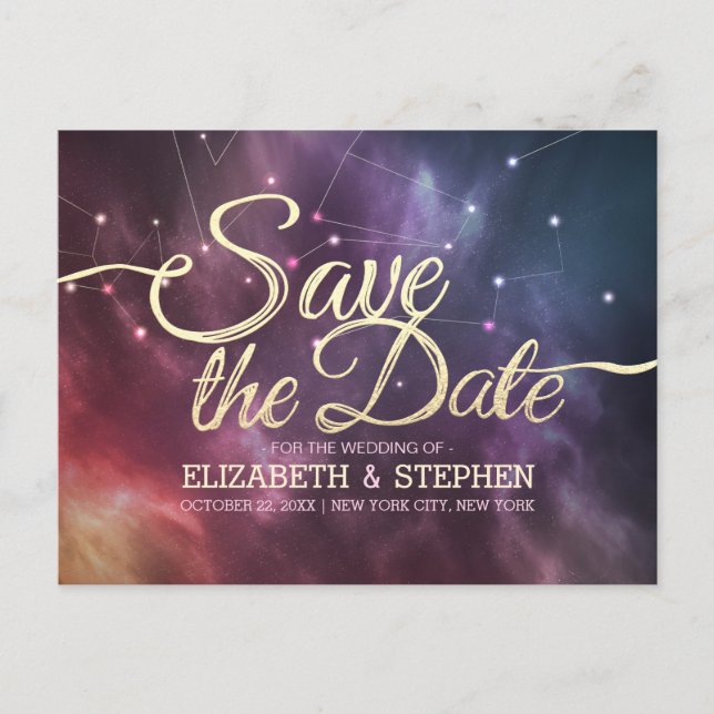 Wedding Save The Date Galaxy Nebula Constellations Announcement Postcard (Front)