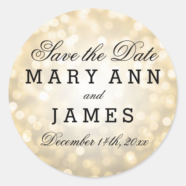 Wedding Save The Date Gold Glitter Lights Classic Round Sticker (Front)
