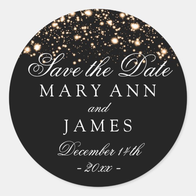 Wedding Save The Date Gold Midnight Glam Classic Round Sticker (Front)