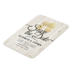 Wedding Save The Date Gold Pineapples Rustic Wood Magnet