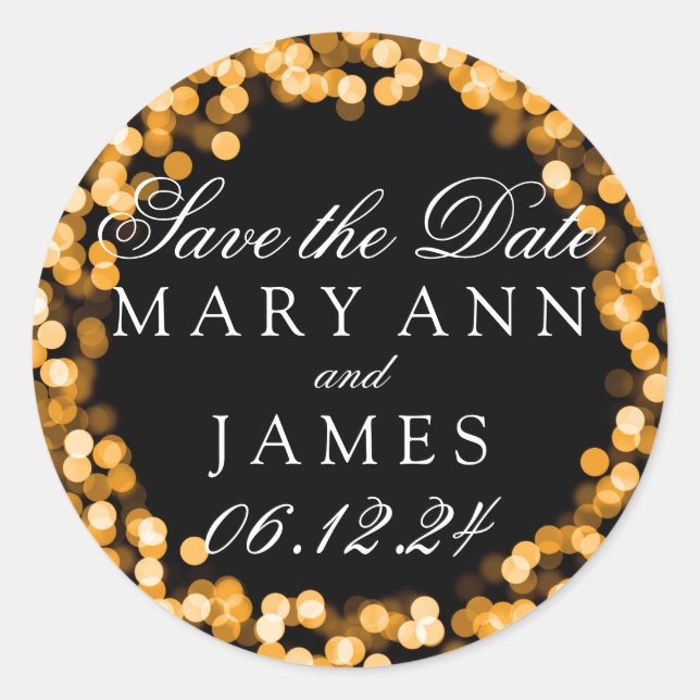 Wedding Save The Date Gold Sparkly Lights Classic Round Sticker (Front)