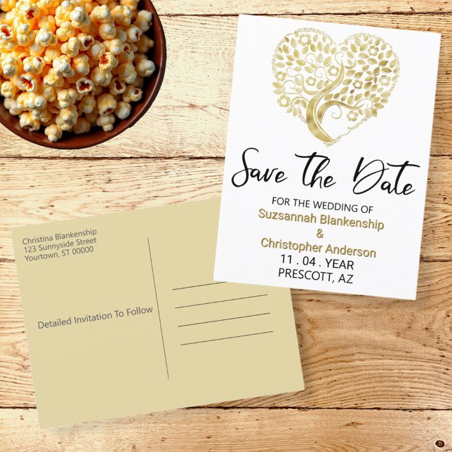 Wedding Save The Date Gold Tree Heart Announcement Postcard (front and back template save the date postcard)