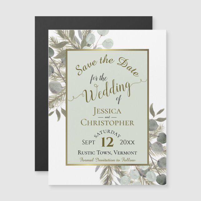 Wedding Save the Date Golden Pine & Greenery Sage Magnetic Invitation (Front/Back)