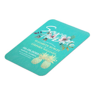 Wedding Save The Date Golden Pineapples Teal Roses Magnet