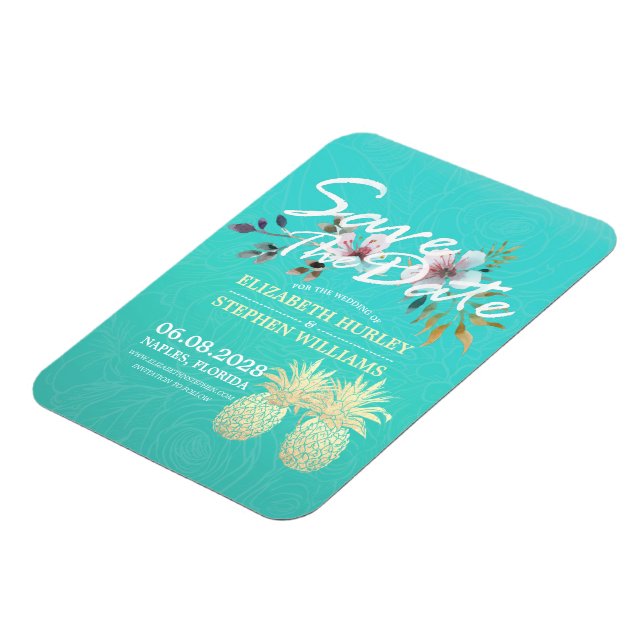 Wedding Save The Date Golden Pineapples Teal Roses Magnet (Left Side)
