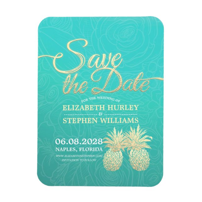 Wedding Save The Date Golden Pineapples Teal Roses Magnet (Vertical)